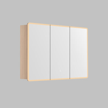 Avola 1200mm LED shaving cabinet in light Sandy Oak timber-look with 3 mirrored doors, angled view on a grey background