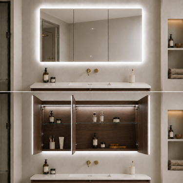 Avola 1200mm walnut-toned Mocha Oak LED shaving cabinet installed above a bathroom vanity, shown closed with the LED on and opened to reveal the glass shelves
