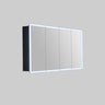 Avola 1500mm LED shaving cabinet in matte black with 4 mirrored doors, angled view on a grey background