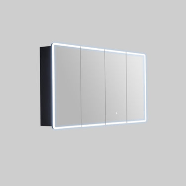 Avola 1500mm LED shaving cabinet in matte black with 4 mirrored doors, angled view on a grey background