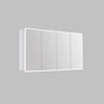 Avola 1500mm LED shaving cabinet in matte white with 4 mirrored doors, angled view on a grey background