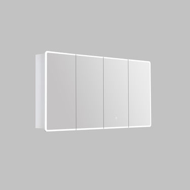 Avola 1500mm LED shaving cabinet in matte white with 4 mirrored doors, angled view on a grey background