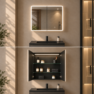 Avola 600mm matte black LED shaving cabinet installed above a bathroom vanity, shown closed with the LED on and opened to reveal the glass shelves