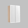 Avola 600mm LED shaving cabinet in light Sandy Oak timber-look with 2 mirrored doors, angled view on a grey background