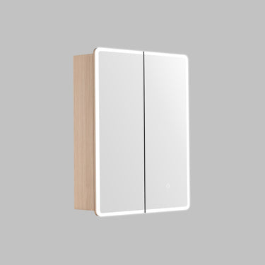 Avola 600mm LED shaving cabinet in light Sandy Oak timber-look with 2 mirrored doors, angled view on a grey background
