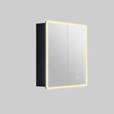 Avola 750mm LED shaving cabinet in matte black with 2 mirrored doors, angled view on a grey background