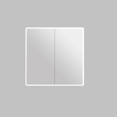 Avola 750mm LED shaving cabinet in matte white with 2 mirrored doors, angled view on a grey background