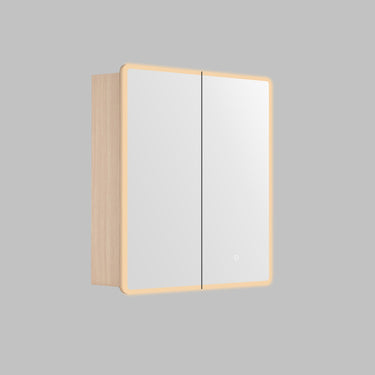Avola 750mm LED shaving cabinet in light Sandy Oak timber-look with 2 mirrored doors, angled view on a grey background
