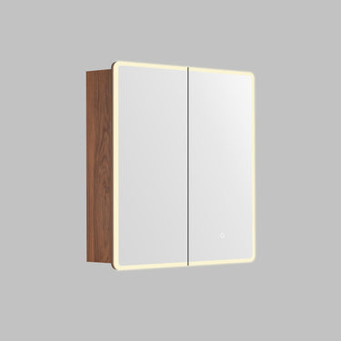 Avola 750mm LED shaving cabinet in walnut-toned Mocha Oak timber-look with 2 mirrored doors, angled view on a grey background