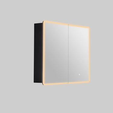 Avola 900mm LED shaving cabinet in matte black with 2 mirrored doors, angled view on a grey background