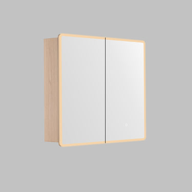 Avola 900mm LED shaving cabinet in light Sandy Oak timber-look with 2 mirrored doors, angled view on a grey background