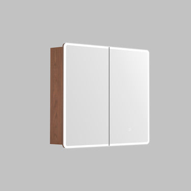 Avola 900mm LED shaving cabinet in walnut-toned Mocha Oak timber-look with 2 mirrored doors, angled view on a grey background