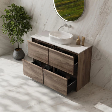Bella Timber Look Notaio Walnut 1200mm Four Drawer Freestanding Single Bowl Vanity with Blank White stone top and above counter basin - RJ Bathroom
