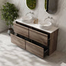 Bella Timber Look Notaio Walnut 1500mm Four Drawer Freestanding Double Bowl Vanity with Blank White stone top and two above counter basins - RJ Bathroom