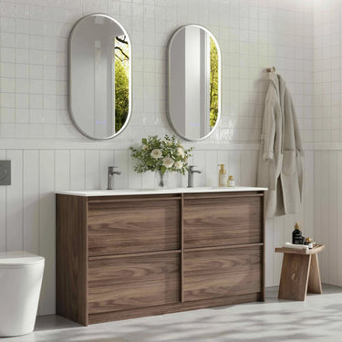 Bella Notaio Walnut 1500mm double bowl freestanding vanity styled in a master bathroom - RJ Bathroom