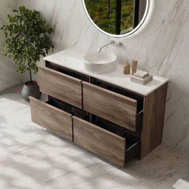 Bella Timber Look Notaio Walnut 1500mm Four Drawer Freestanding Single Bowl Vanity with stone top and above counter basin - RJ Bathroom