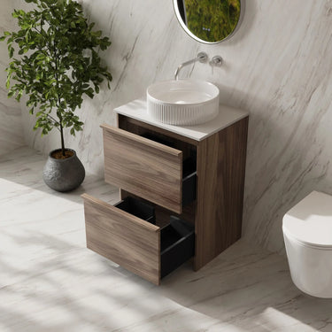 Bella Timber Look Notaio Walnut 600mm Two Drawer Freestanding Vanity with Blank White stone top and above counter basin - RJ Bathroom