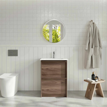 Bella Notaio Walnut 600mm two drawer freestanding vanity with ceramic top in a modern bathroom - RJ Bathroom
