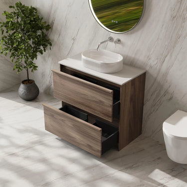 Bella Timber Look Notaio Walnut 900mm Two Drawer Freestanding Vanity with Blank White stone top and above counter basin - RJ Bathroom