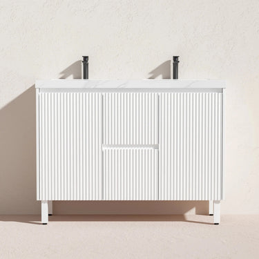 Brighton Fluted 1200mm Freestanding Matte White Vanity Diamond Sintered Stone Top Double Bowl - RJ Bathroom