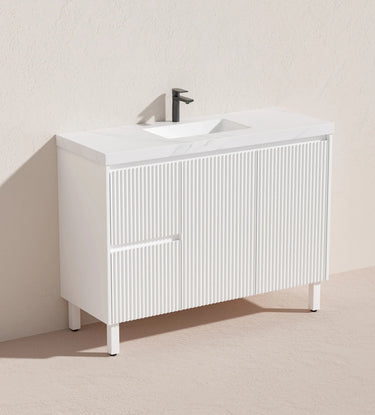 Brighton Fluted 1200mm Freestanding Matte White Vanity Diamond Sintered Stone Top Single Bowl - RJ Bathroom