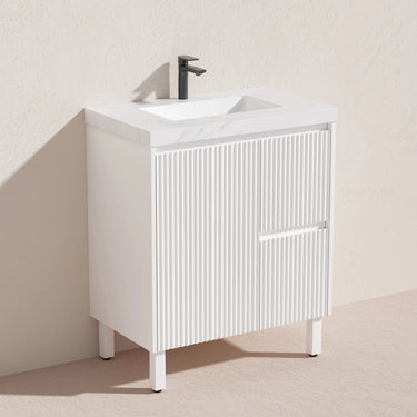Brighton Fluted 750mm Single Bowl Freestanding Vanity - Matte White with Calacatta White Stone Top - RJ Bathroom