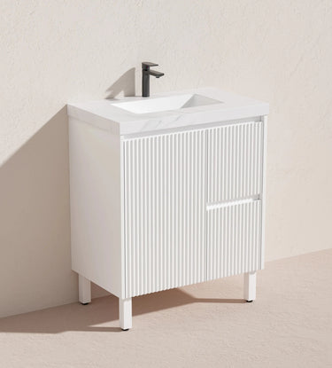 Brighton Fluted 750mm Single Bowl Freestanding Vanity - Matte White with Calacatta White Stone Top - RJ Bathroom