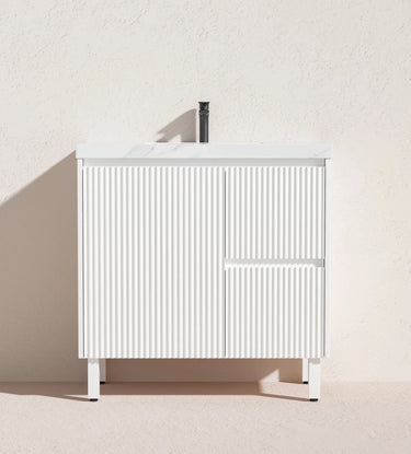Brighton Fluted 900mm Freestanding Vanity - Matte White with Carrara White Stone Top - RJ Bathroom