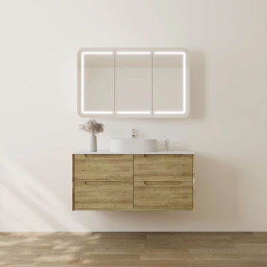 Brooklyn 1200mm Ashwood Timber Wall Hung Vanity installed in a modern bathroom with LED mirror and stone top - RJ Bathroom