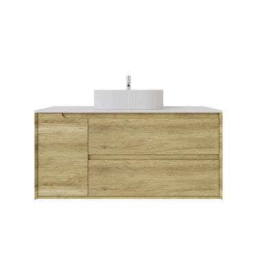 Brooklyn 1200mm Ashwood Timber Wall Hung Vanity front view with 1 door + 2 soft-close drawers (single bowl) - RJ Bathroom