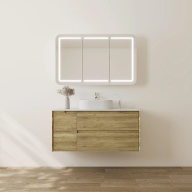 Brooklyn 1200mm Ashwood Timber Wall Hung Vanity installed in a modern bathroom with LED mirror and stone top - RJ Bathroom