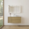 Brooklyn 1200mm Red Oak Timber Wall Hung Vanity installed in a modern bathroom with LED mirror and stone top - RJ Bathroom