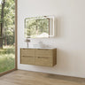 Brooklyn 1200mm Red Oak Timber Wall Hung Vanity installed in a modern bathroom with LED mirror and stone top - RJ Bathroom
