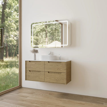 Brooklyn 1200mm Red Oak Timber Wall Hung Vanity installed in a modern bathroom with LED mirror and stone top - RJ Bathroom
