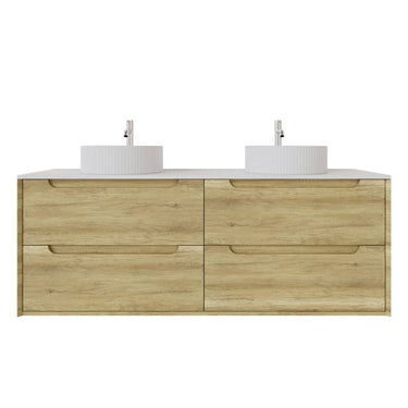 Brooklyn 1500mm Ashwood Timber Wall Hung Vanity front view with 4 soft-close drawers (double bowl) - RJ Bathroom