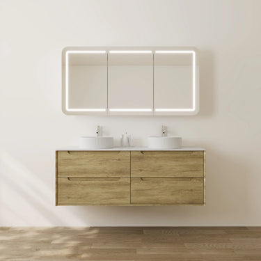 Brooklyn 1500mm Ashwood Timber Wall Hung Vanity installed in a modern bathroom with LED mirror and stone top - RJ Bathroom