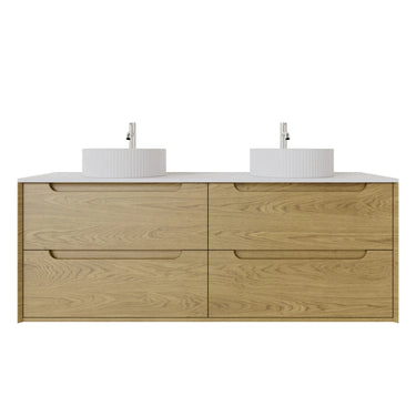 Brooklyn 1500mm Red Oak Timber Wall Hung Vanity front view with 4 soft-close drawers (double bowl) - RJ Bathroom