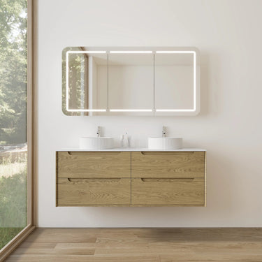 Brooklyn 1500mm Red Oak Timber Wall Hung Vanity installed in a modern bathroom with LED mirror and stone top - RJ Bathroom