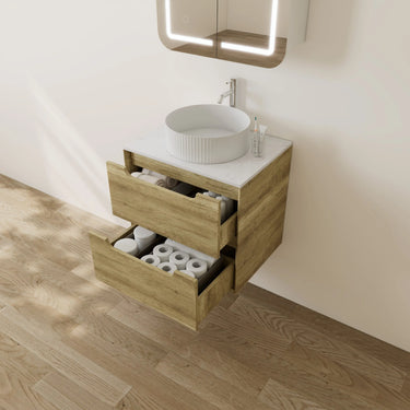 Brooklyn 600mm Ashwood Timber Wall Hung Vanity with drawers open showing storage space in a modern bathroom - RJ Bathroom