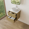 Brooklyn 600mm Red Oak Timber Wall Hung Vanity with drawers open showing storage space in a modern bathroom - RJ Bathroom