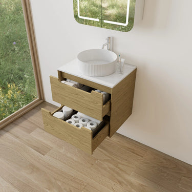 Brooklyn 600mm Red Oak Timber Wall Hung Vanity with drawers open showing storage space in a modern bathroom - RJ Bathroom