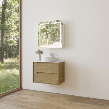 Brooklyn 750mm Red Oak Timber Wall Hung Vanity installed in a modern bathroom with LED mirror and stone top - RJ Bathroom
