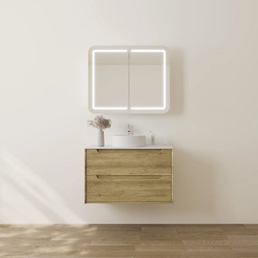 Brooklyn 900mm Ashwood Timber Wall Hung Vanity installed in a modern bathroom with LED mirror and stone top - RJ Bathroom