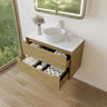 Brooklyn 900mm Red Oak Timber Wall Hung Vanity with drawers open showing storage space in a modern bathroom - RJ Bathroom