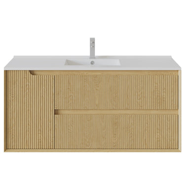 Brooklyn 1200mm Fluted Red Oak Timber Wall Hung Vanity front view with 1 door + 2 soft-close drawers (single bowl) - RJ Bathroom