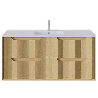 Brooklyn 1200mm Fluted Red Oak Timber Wall Hung Vanity front view with 4 soft-close drawers (single bowl) - RJ Bathroom