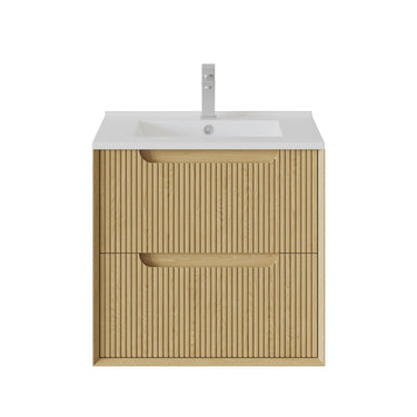 Brooklyn 600mm Fluted Red Oak Timber Wall Hung Vanity front view with 2 soft-close drawers - RJ Bathroom