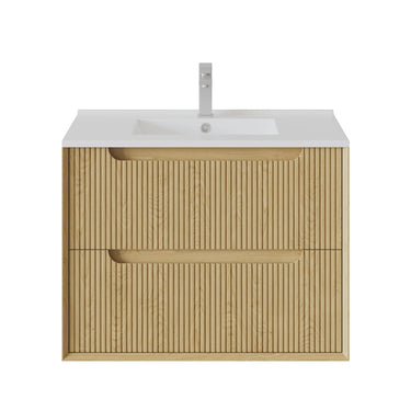 Brooklyn 750mm Fluted Red Oak Timber Wall Hung Vanity front view with 2 soft-close drawers - RJ Bathroom
