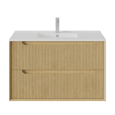 Brooklyn 900mm Fluted Red Oak Timber Wall Hung Vanity front view with 2 soft-close drawers - RJ Bathroom