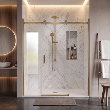 Brushed brass (dark gold) frameless 3 panel sliding shower screen with centre sliding door across a wide marble shower recess